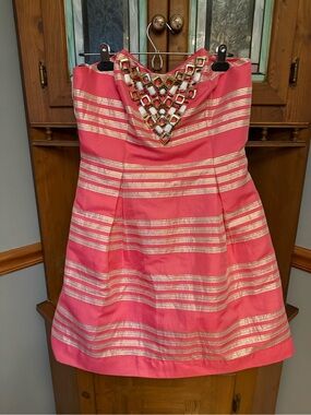 Lilly Pulitzer Virginia Dress Hotty Pink Glam Metallic Stripe Size 10